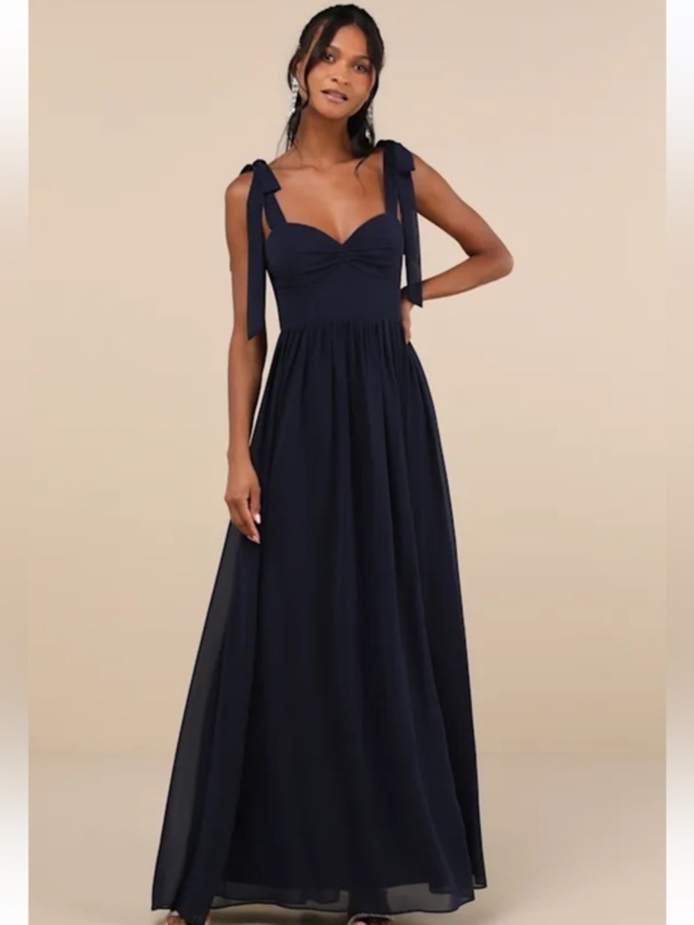 NWT Lulus Radiant Charisma Navy Chiffon Ruched Tie-Strap Maxi Dress